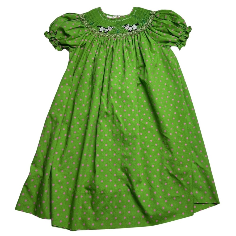 Rosalina Collection Kids Green Pink Polka Dot Smocked Cow Dress 6Y Easter Church - Picture 2 of 6